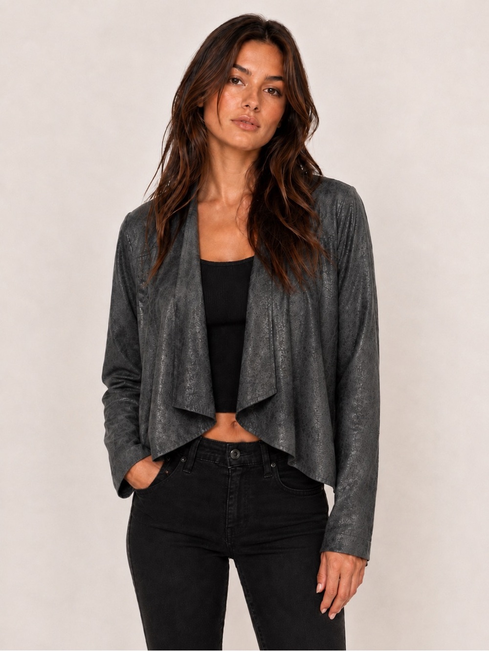 Lysse Gray Metallic Jacket Faux Suede Waterfall Edgy Scandi Glam Autumn Winter M